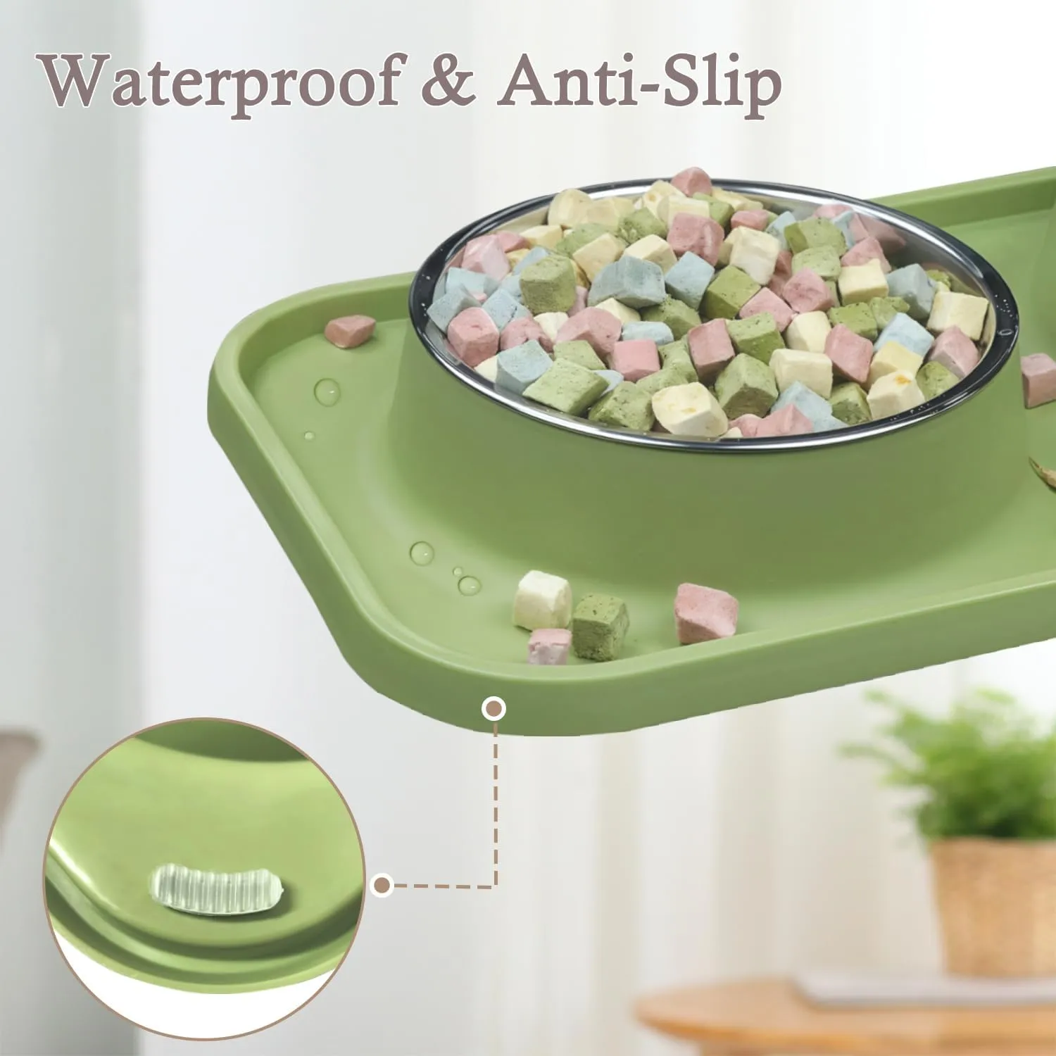 Waterproof Cat Food Bowls, Removable Stainless Steel Pet Double Bowls Set, Non-Skid and Non-Spill Raised Edge, Food and Water Feeder for Cat and Puppy(Green)