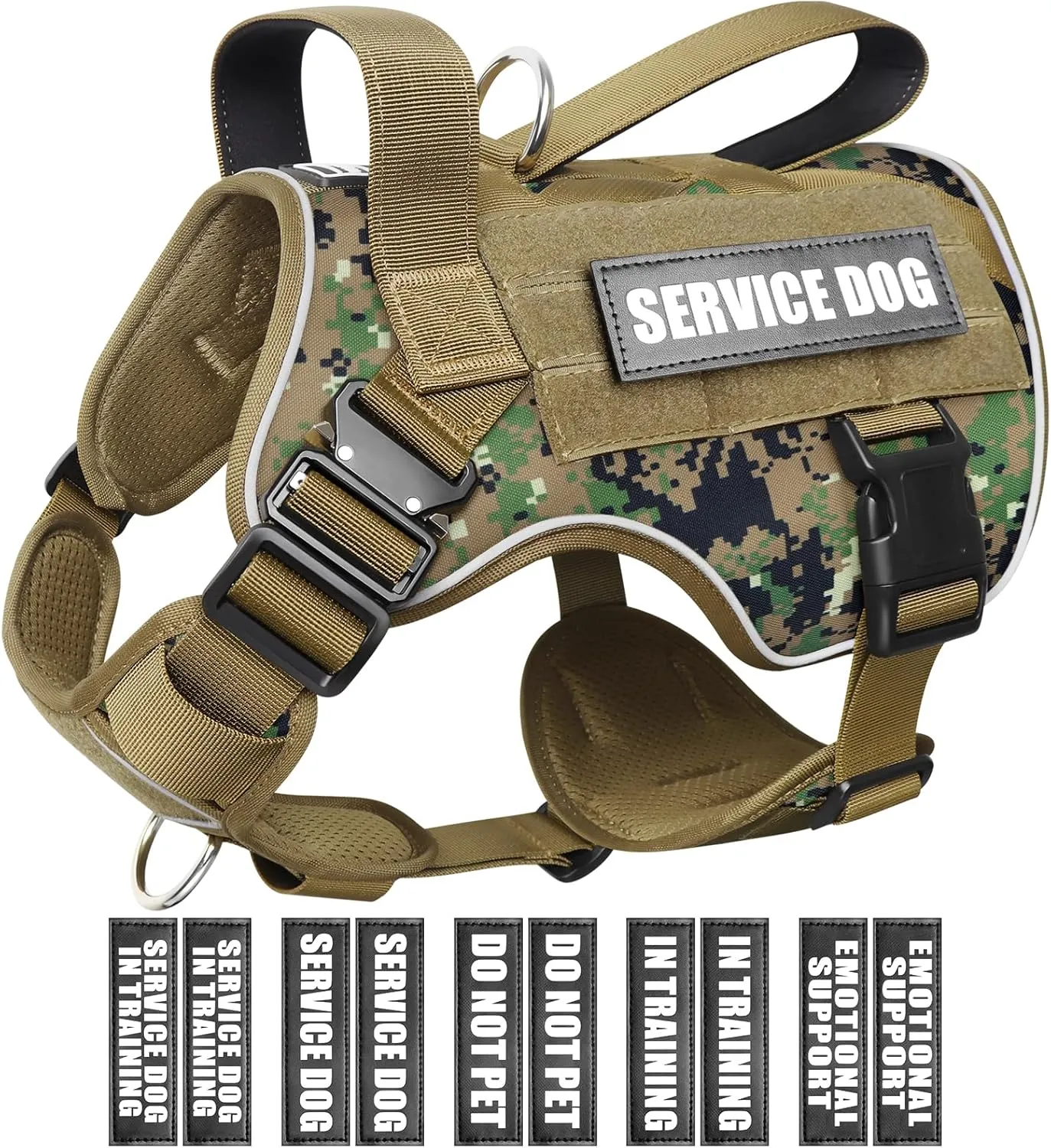 WINSEE Tactical Dog Harness for Medium Dog, Heavy Duty Service Working MOLLE Vest with 10 Pet Patches, 2X Metal Buckle Vest for Training Hunting Walking