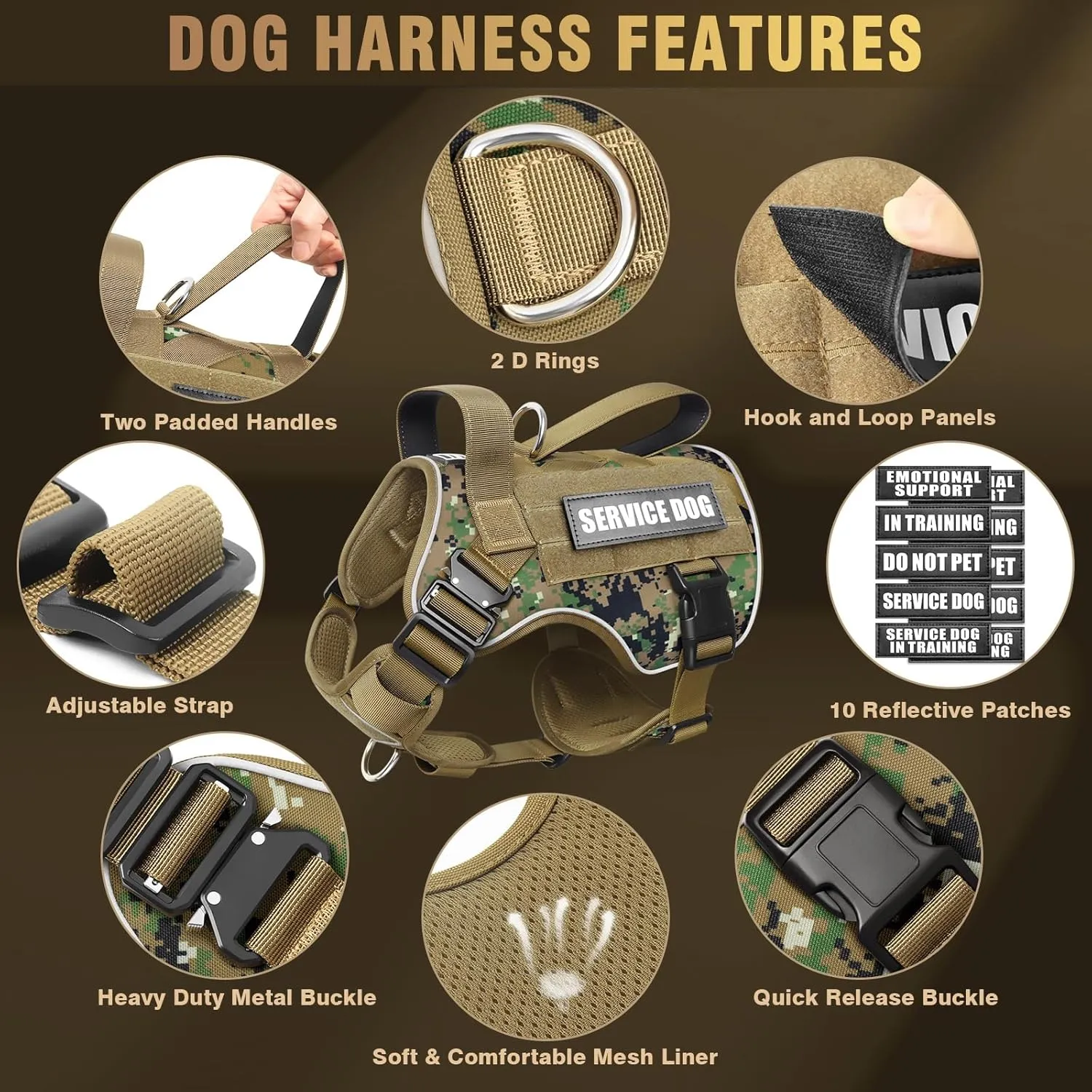 WINSEE Tactical Dog Harness for Medium Dog, Heavy Duty Service Working MOLLE Vest with 10 Pet Patches, 2X Metal Buckle Vest for Training Hunting Walking
