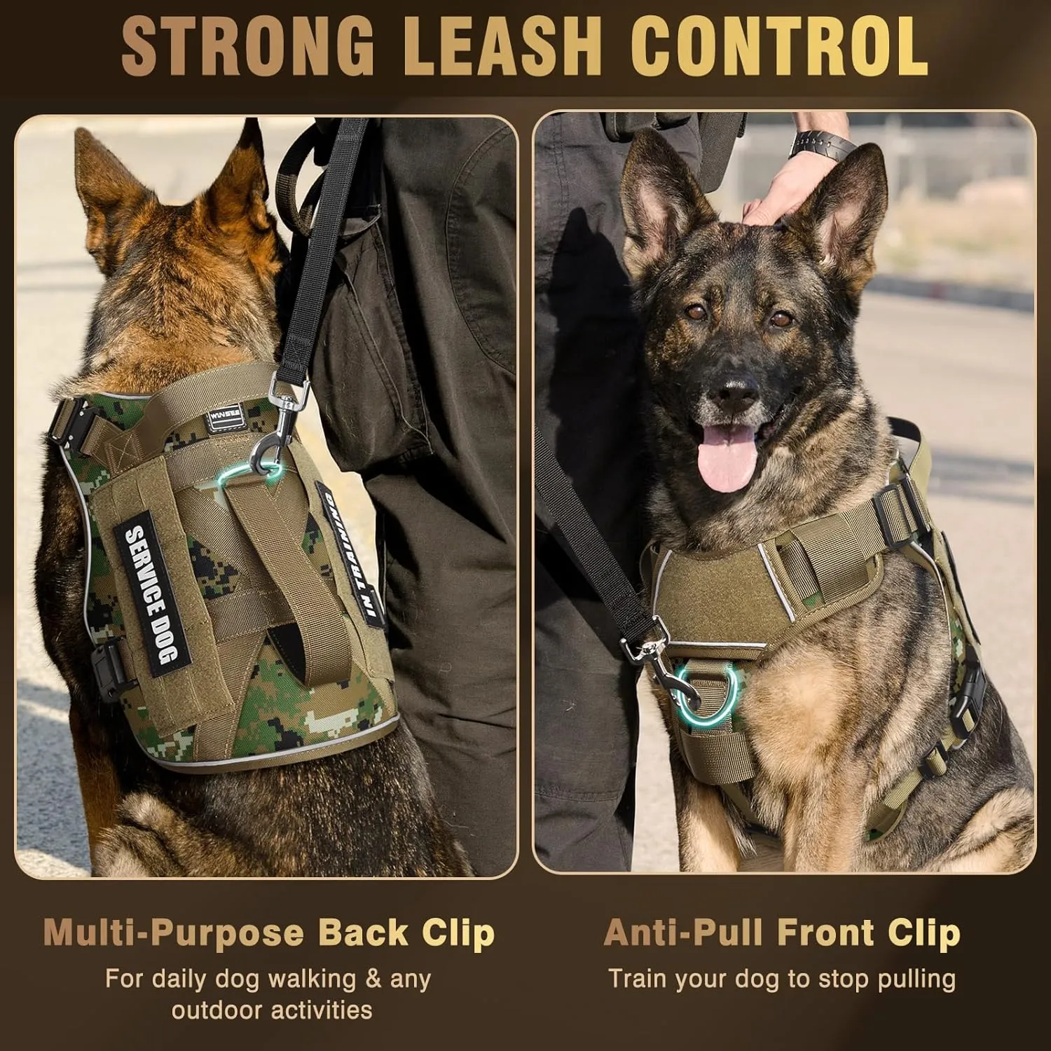 WINSEE Tactical Dog Harness for Medium Dog, Heavy Duty Service Working MOLLE Vest with 10 Pet Patches, 2X Metal Buckle Vest for Training Hunting Walking