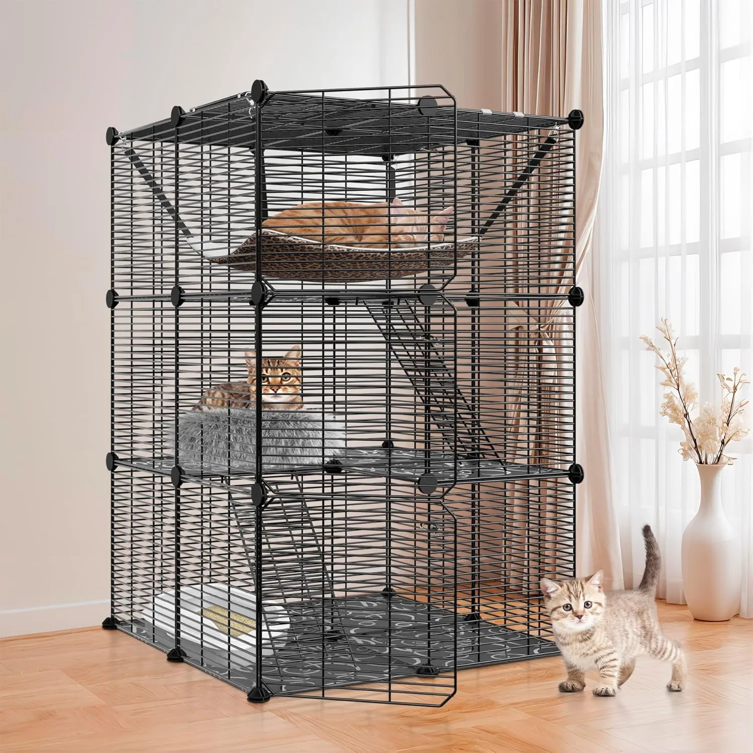 ZENY Cat Cage Indoor Cat Enclosures DIY Cat Playpen Detachable Metal Wire Kennels with Extra Large Hammock for 1-2 Cats, Ferret, Chinchilla, Rabbit or Small Animals